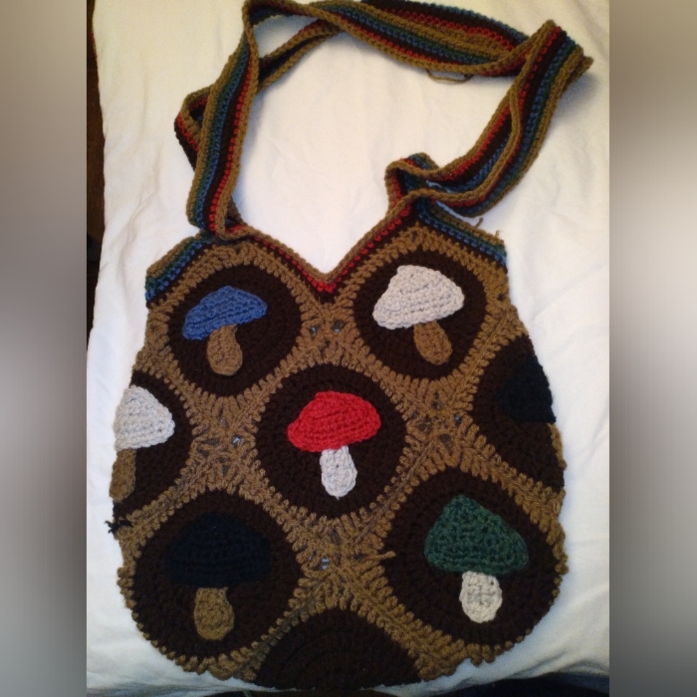 Handmade crochet mushroom motif crossbody bag